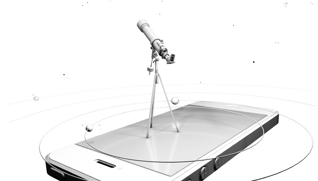 Augmented reality illustration: a telescope rising out of a smartphone